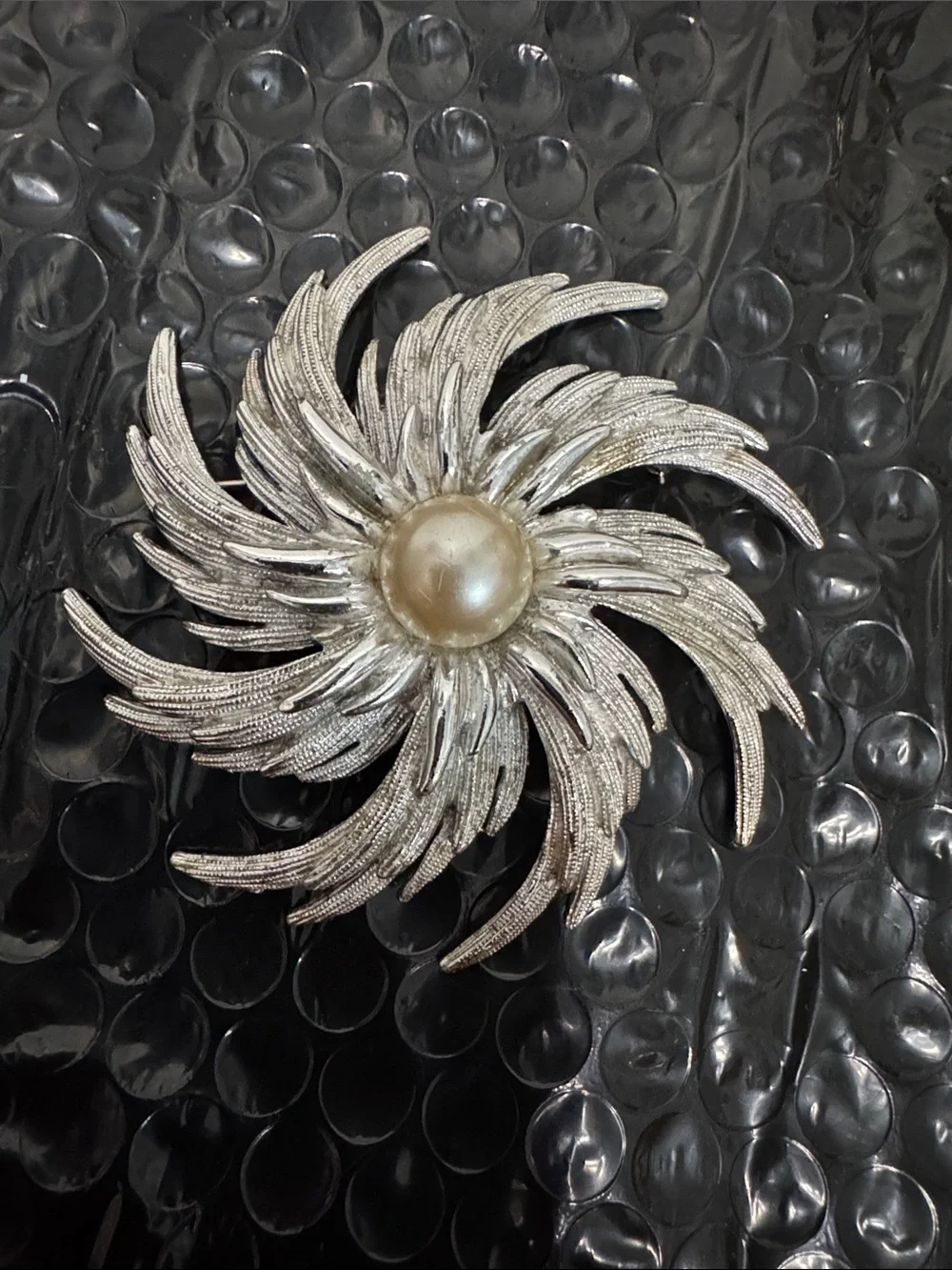 Vintage Sarah Coventry Silver Tone Swirl Brooch with Pearl Center- 1969